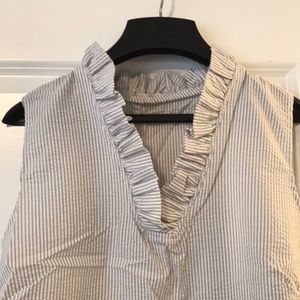 Blue and white seersucker shift w ruffle collar